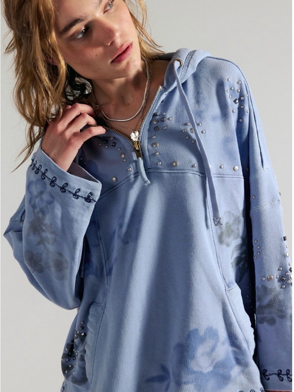NWT Free People Sweatshirt Silver Studded Floral Embroidered -  Half Zip Hoodie